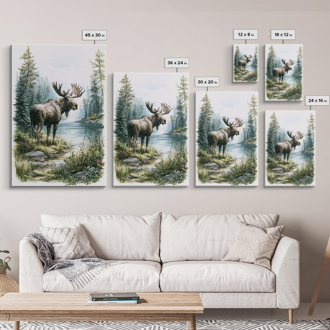 Moose Standing by a Quiet Lake Framed Canvas Print, Rustic Art, Digital Prints, Farmhouse Decor, Fine Art, Rustic, 3d Wall Art, RUS-2x3-17