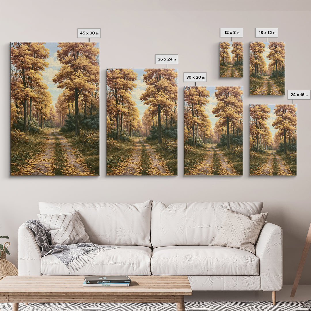 Forest Path with Golden Autumn Leaves Framed Canvas Print, Rustic Art, Statement Artwork, Farmhouse Decor, Fine Art, Rustic, RUS-2x3-2