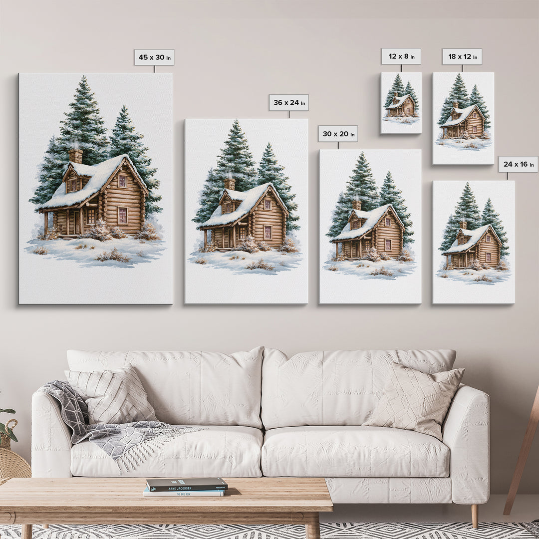 Log Cabin with Snowy Pines Canvas Print, Rustic Art, Luxury Decor, Farmhouse Decor, Fine Art, Rustic, Printable Wall Art, RUS-2x3-23