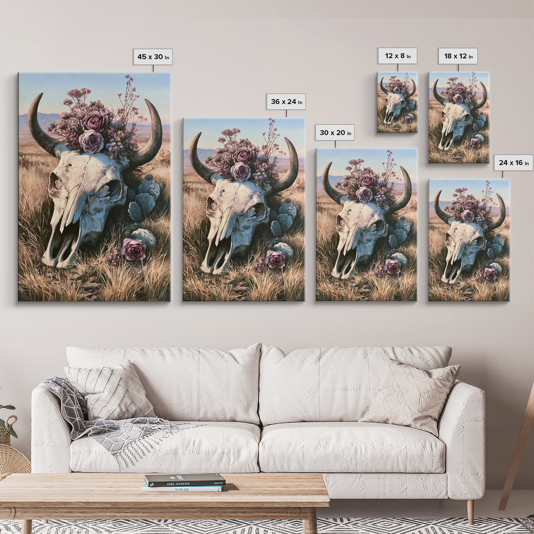 Cow Skull with Desert Flowers Framed Canvas Print, Rustic Art, Wall Art, Farmhouse Decor, Oil Painting, Rustic, RUS-2x3-25