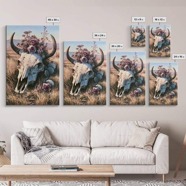 Cow Skull with Desert Flowers Framed Canvas Print, Rustic Art, Wall Art, Farmhouse Decor, Oil Painting, Rustic, RUS-2x3-25