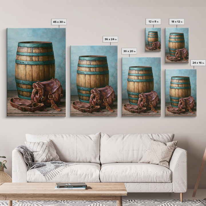 Whiskey Barrel and Leather Still Life Framed Canvas Print, Rustic Art, Downloadable Art, Farmhouse Decor, Fine Art, Rustic, RUS-2x3-3