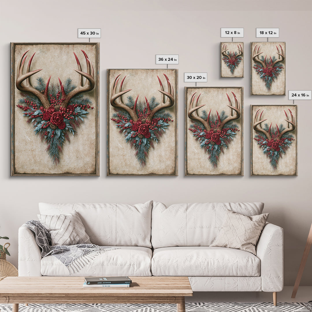 Deer Antlers with Pine Branches and Berries Framed Canvas Print, Rustic Art, Farmhouse Decor, Watercolor Art, Rustic, RUS-2x3-34