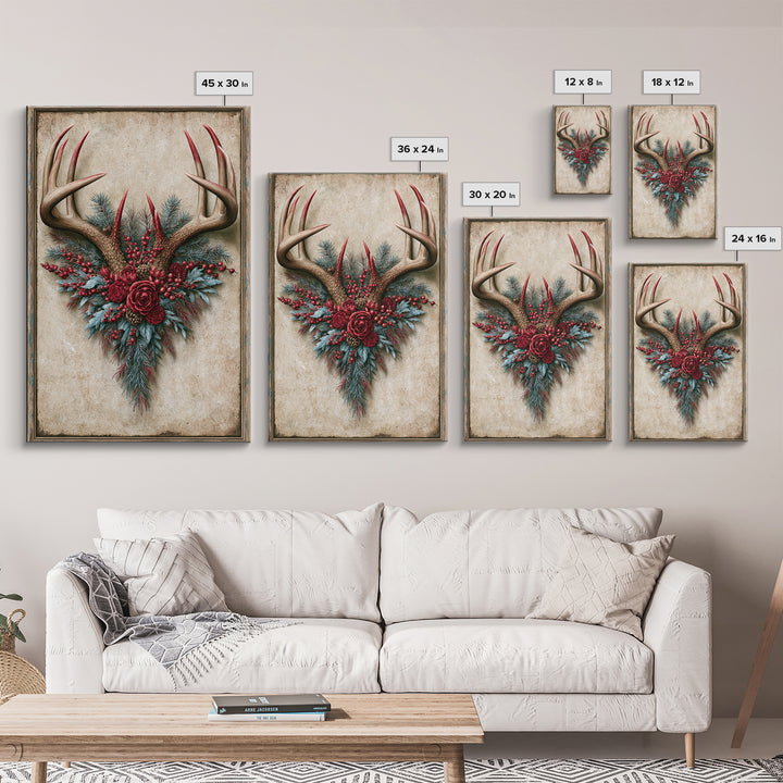 Deer Antlers with Pine Branches and Berries Framed Canvas Print, Rustic Art, Farmhouse Decor, Watercolor Art, Rustic, RUS-2x3-34