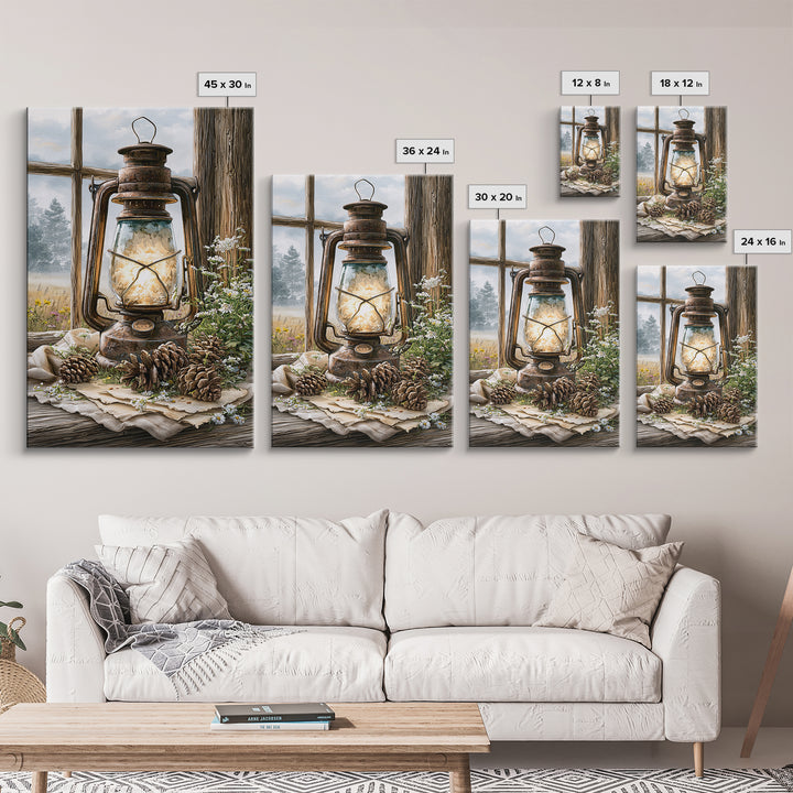 Rustic Lantern Glowing Beside Pinecones Framed Canvas Print, Rustic Art, Landscape Painting, Farmhouse Decor, Watercolor Art, RUS-2x3-36