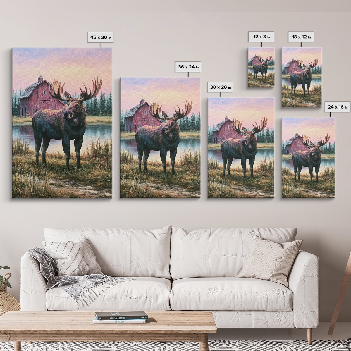 Moose Standing by a Quiet Lake Framed Canvas Print, Rustic Art, Digital Prints, Farmhouse Decor, Fine Art, Rustic, 3d Wall Art, RUS-2x3-41