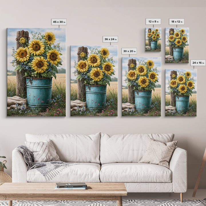 Sunflowers in a Metal Bucket Framed Canvas Print, Rustic Art, Living Room Art, Farmhouse Decor, Watercolor Art, Rustic, RUS-2x3-44