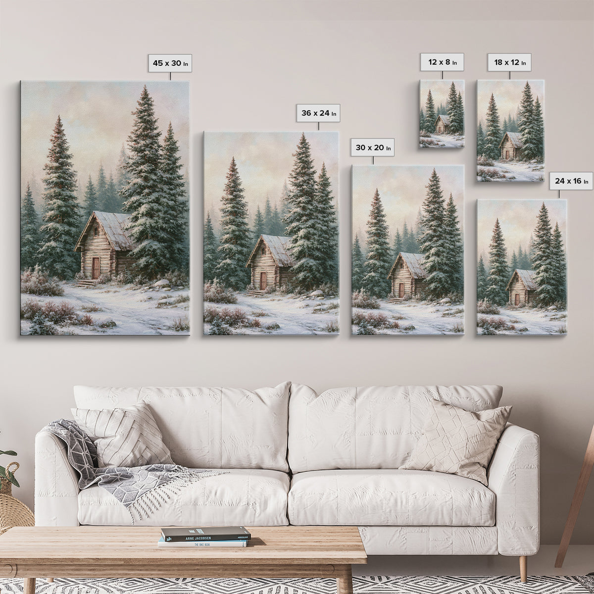 Log Cabin with Snowy Pines Framed Canvas Print, Rustic Art, Wall Art, Farmhouse Decor, Abstract Art, Rustic, Living Room Decor, RUS-2x3-47