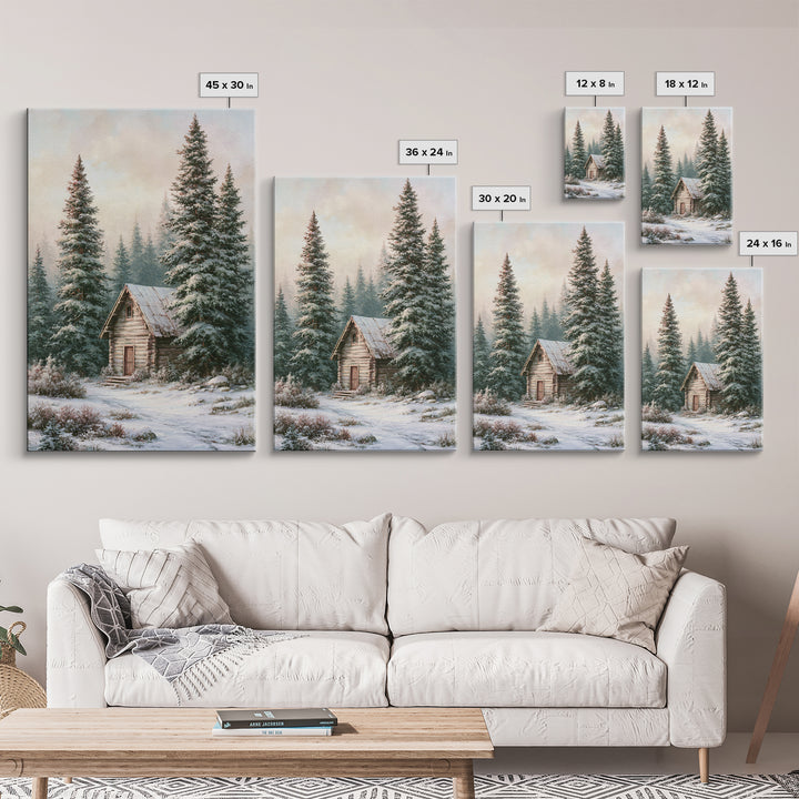 Log Cabin with Snowy Pines Framed Canvas Print, Rustic Art, Wall Art, Farmhouse Decor, Abstract Art, Rustic, Living Room Decor, RUS-2x3-47