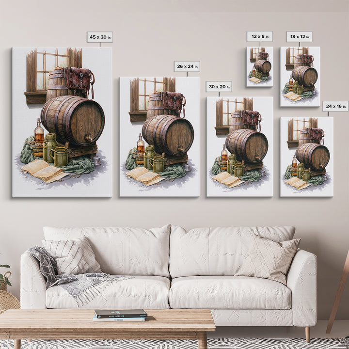 Whiskey Barrel and Leather Still Life Framed Canvas Print, Rustic Art, Room Decor, Farmhouse Decor, Oil Painting, Rustic, RUS-2x3-51