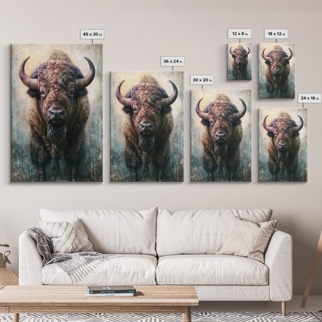 Buffalo Portrait with Western Texture Framed Canvas Print, Rustic Art, Boho Decor, Farmhouse Decor, Fine Art, Rustic, RUS-2x3-6