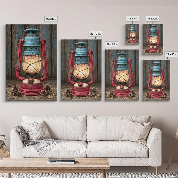 Rustic Lantern Glowing Beside Pinecones Framed Canvas Print, Rustic Art, Wall Art, Farmhouse Decor, Fine Art, Rustic, RUS-2x3-60