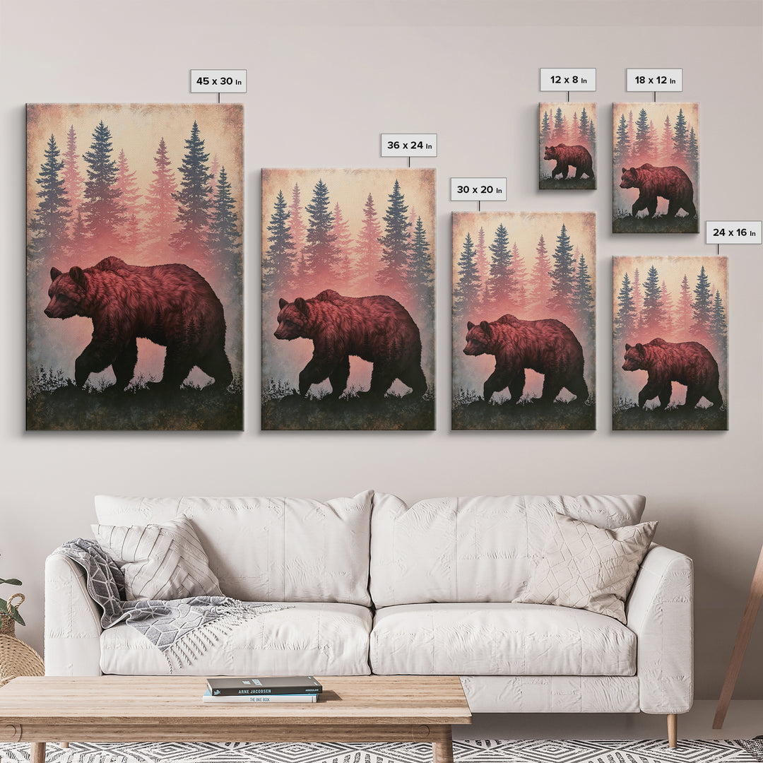 Bear Silhouette Among Pine Trees Framed Canvas Print, Rustic Art, Digital Prints, Farmhouse Decor, Watercolor Art, Rustic, RUS-2x3-63