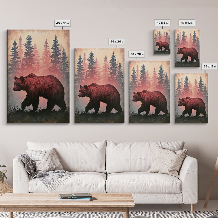 Bear Silhouette Among Pine Trees Framed Canvas Print, Rustic Art, Digital Prints, Farmhouse Decor, Watercolor Art, Rustic, RUS-2x3-63