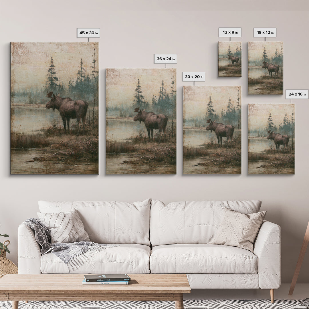 Moose Standing by a Quiet Lake Canvas Print, Rustic Art, Wood Wall Art, Farmhouse Decor, Oil Painting, Rustic, RUS-2x3-65