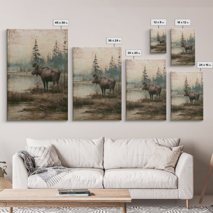 Moose Standing by a Quiet Lake Canvas Print, Rustic Art, Wood Wall Art, Farmhouse Decor, Oil Painting, Rustic, RUS-2x3-65
