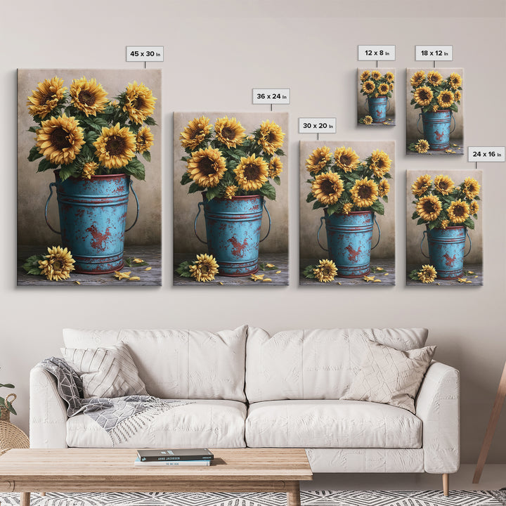 Sunflowers in a Metal Bucket Framed Canvas Print, Rustic Art, Oil Painting, Farmhouse Decor, Rustic, Modern Art, RUS-2x3-68