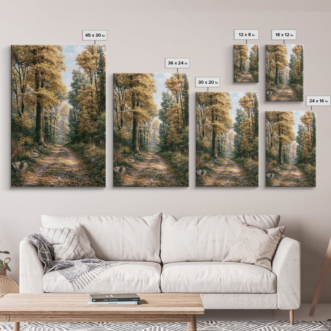 Forest Path with Golden Autumn Leaves Framed Canvas Print, Rustic Art, Painting, Farmhouse Decor, Rustic, Boho Wall Art, RUS-2x3-74