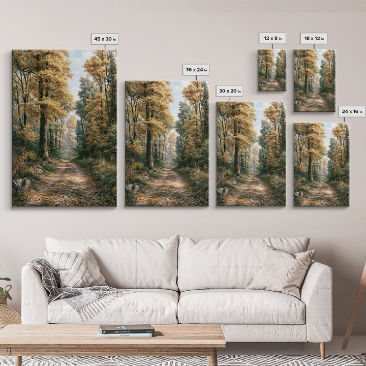 Forest Path with Golden Autumn Leaves Framed Canvas Print, Rustic Art, Painting, Farmhouse Decor, Rustic, Boho Wall Art, RUS-2x3-74