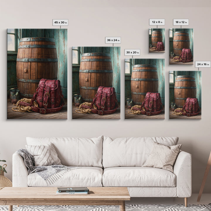 Whiskey Barrel and Leather Still Life Framed Canvas Print, Rustic Art, Printable Wall Art, Farmhouse Decor, Fine Art, Rustic, RUS-2x3-75