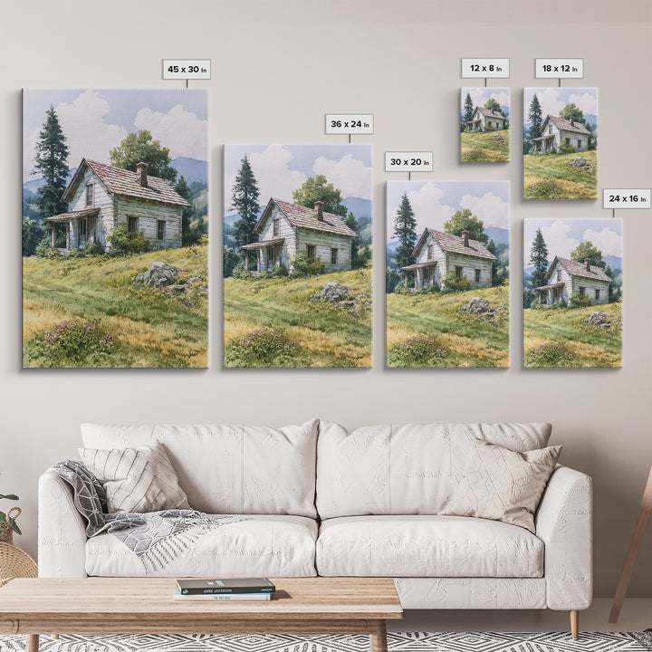 Mountain Cabin Landscape Framed Canvas Print, Rustic Art, Abstract Wall Art, Farmhouse Decor, Fine Art, Rustic, Landscape Art, RUS-2x3-83