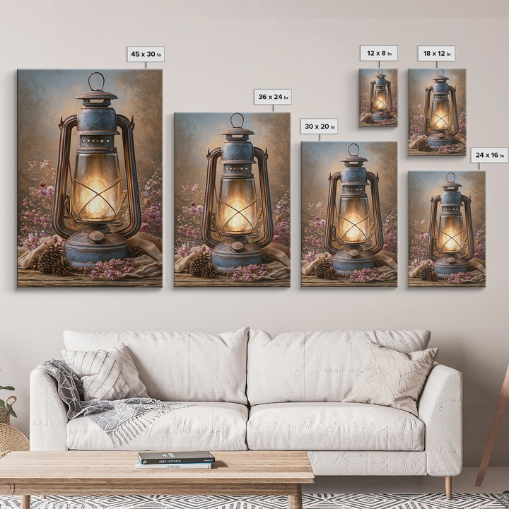 Rustic Lantern Glowing Beside Pinecones Framed Canvas Print, Rustic Art, Farmhouse Wall Art, Farmhouse Decor, Fine Art, Rustic, RUS-2x3-84