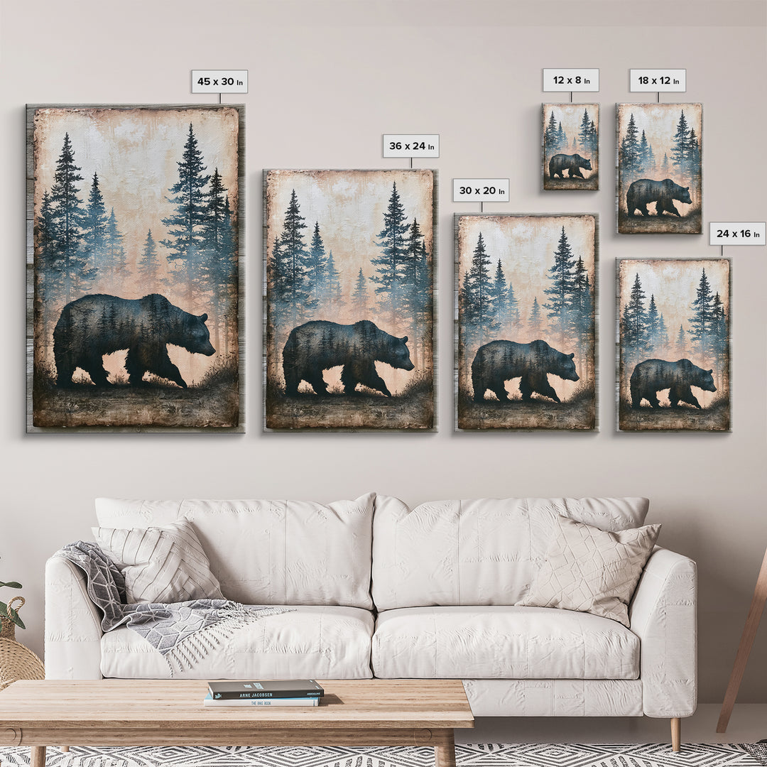 Bear Silhouette Among Pine Trees Framed Canvas Print, Rustic Art, Boho Wall Art, Farmhouse Decor, Rustic, Downloadable Art, RUS-2x3-87
