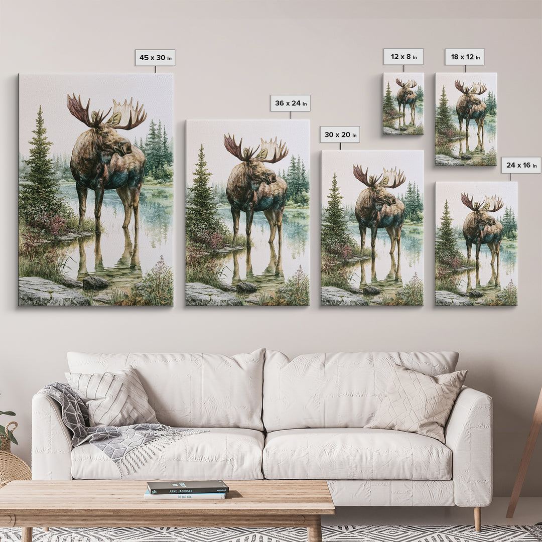Moose Standing by a Quiet Lake Framed Canvas Print, Rustic Art, Boho Wall Art, Farmhouse Decor, Rustic, Downloadable Art, RUS-2x3-89