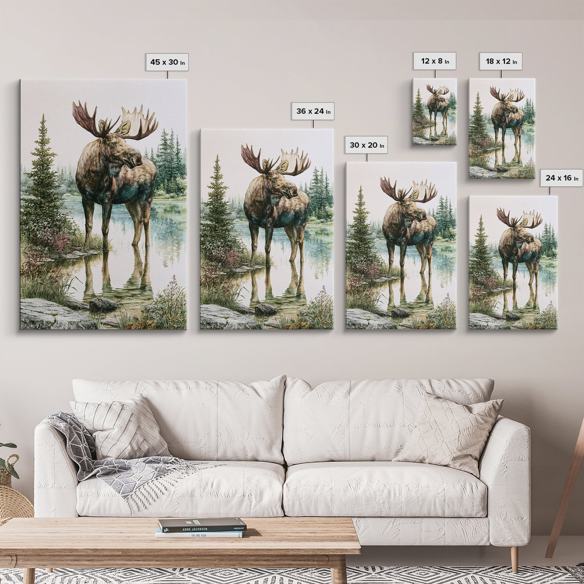 Moose Standing by a Quiet Lake Framed Canvas Print, Rustic Art, Boho Wall Art, Farmhouse Decor, Rustic, Downloadable Art, RUS-2x3-89