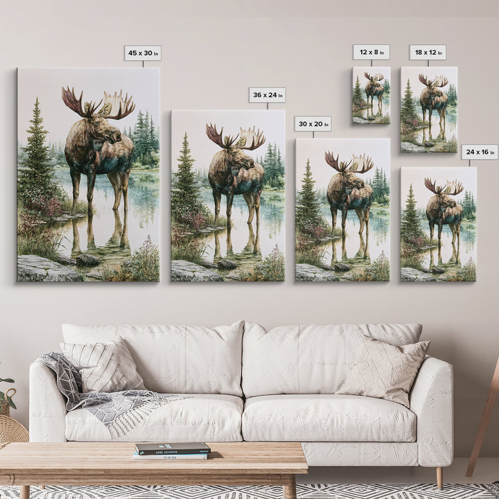 Moose Standing by a Quiet Lake Framed Canvas Print, Rustic Art, Boho Wall Art, Farmhouse Decor, Rustic, Downloadable Art, RUS-2x3-89