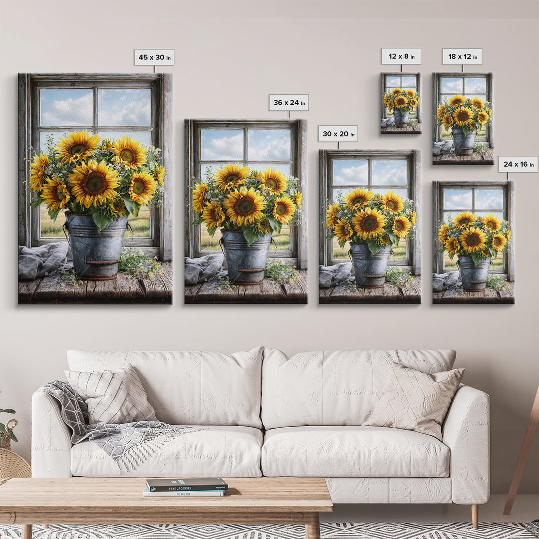 Sunflowers in a Metal Bucket Framed Canvas Print, Rustic Art, Gallery Decor, Farmhouse Decor, Fine Art, Rustic, RUS-2x3-92