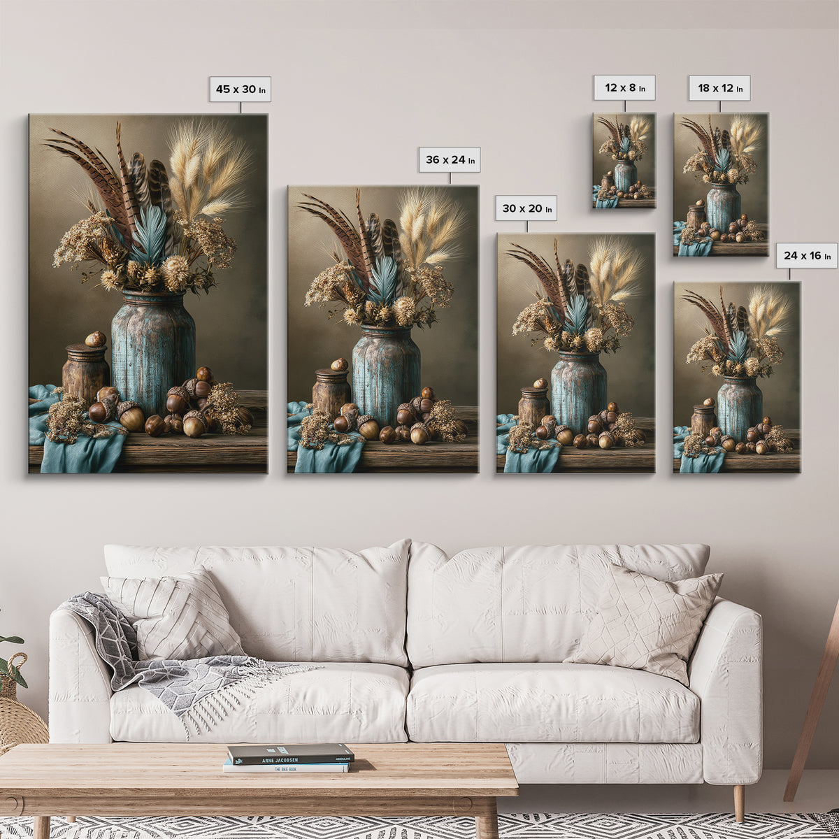 Pheasant Feathers and Acorns Arrangement Canvas Print, Rustic Art, Digital Print, Farmhouse Decor, Rustic, Landscape Painting, RUS-2x3-96