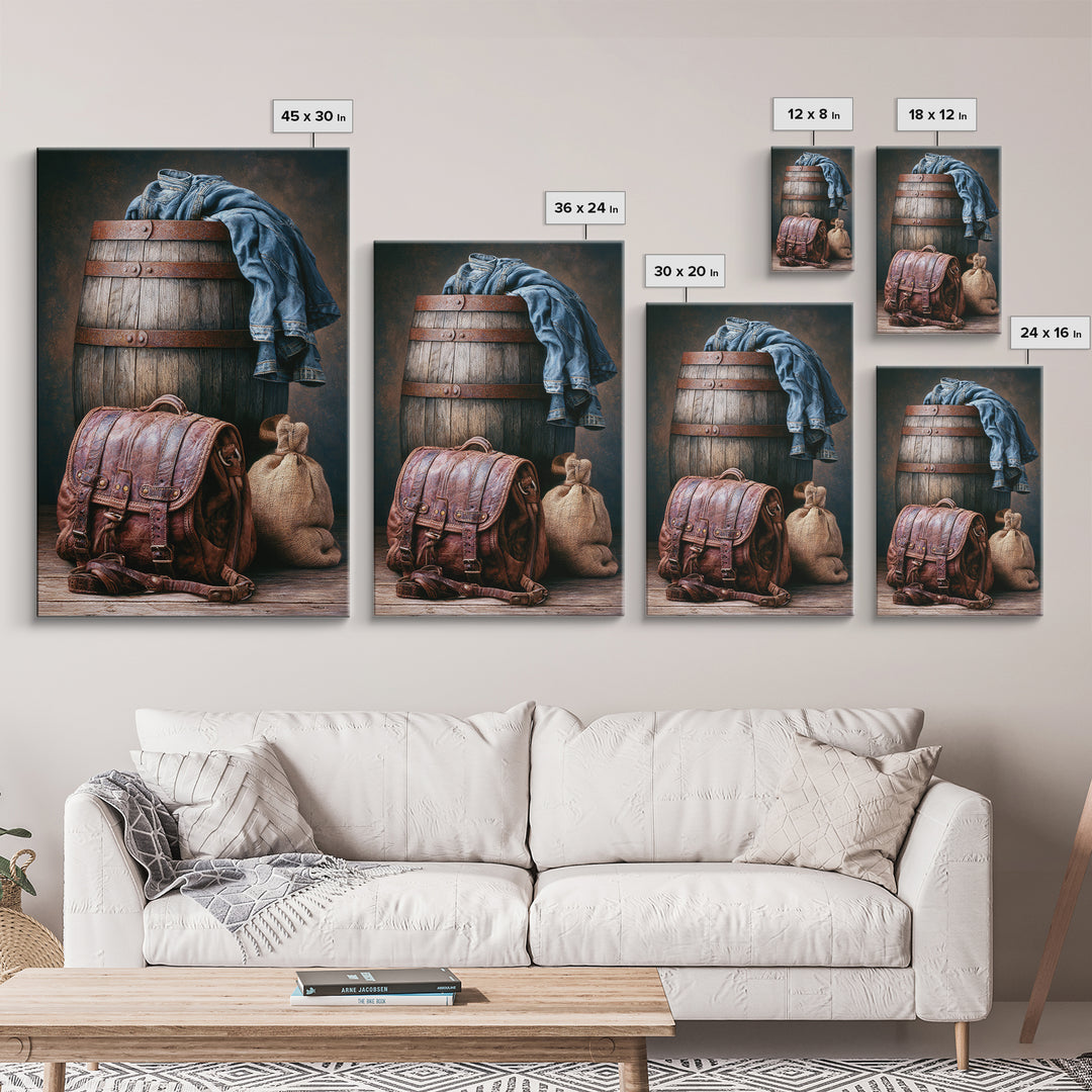 Whiskey Barrel and Leather Still Life Canvas Print, Rustic Art, Farmhouse Decor, Rustic, Gallery Wall Art, Landscape Wall Art, RUS-2x3-99