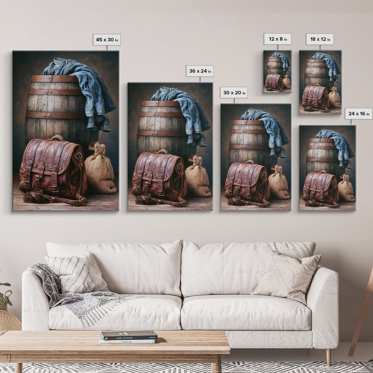 Whiskey Barrel and Leather Still Life Canvas Print, Rustic Art, Farmhouse Decor, Rustic, Gallery Wall Art, Landscape Wall Art, RUS-2x3-99