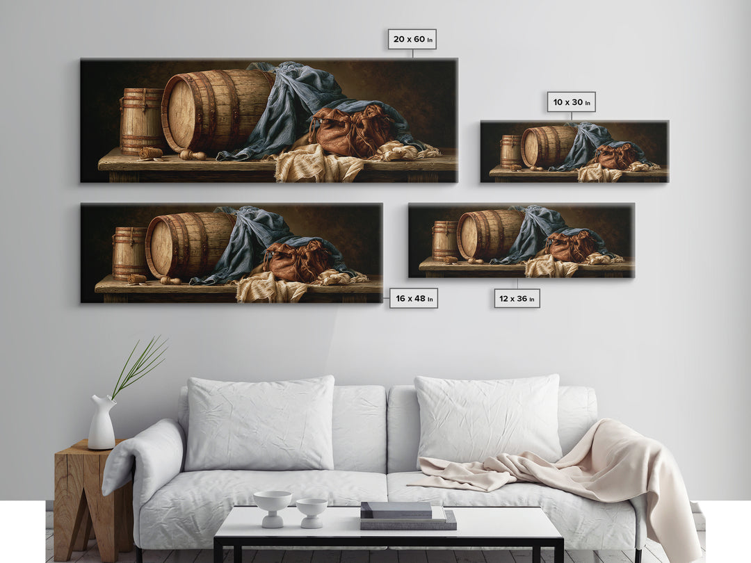 Whiskey Barrel and Leather Still Life Canvas Print, Rustic Art, Landscape Art, Farmhouse Decor, Watercolor Art, Rustic, RUS-3x1-11