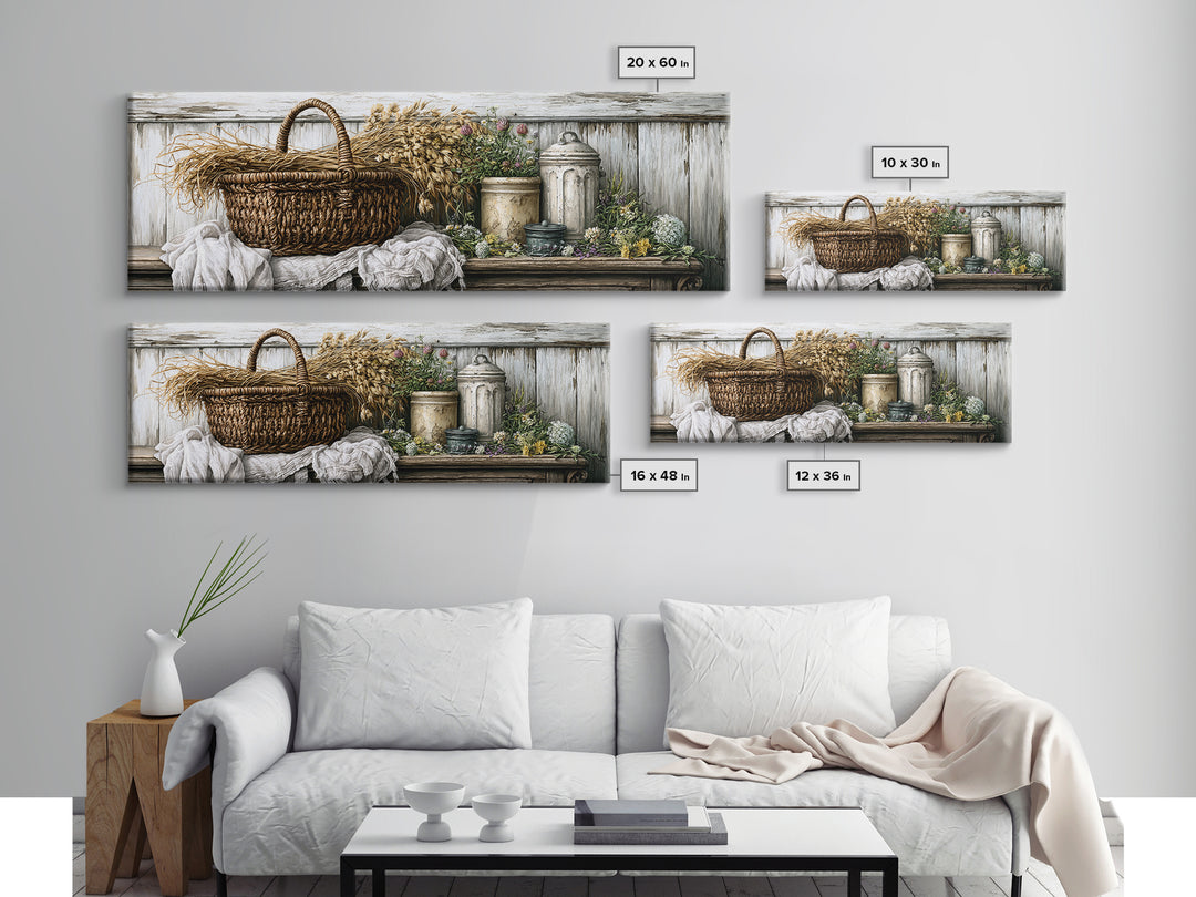 Handwoven Basket with Dried Grasses Canvas Print, Rustic Art, Wood Art, Farmhouse Decor, Fine Art, Rustic, Wall Decor, RUS-3x1-16