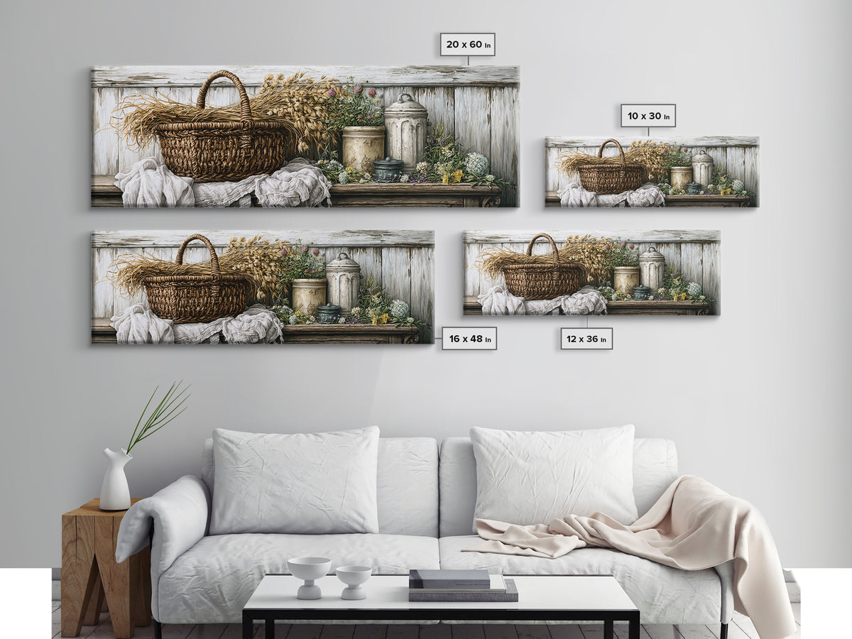 Handwoven Basket with Dried Grasses Canvas Print, Rustic Art, Wood Art, Farmhouse Decor, Fine Art, Rustic, Wall Decor, RUS-3x1-16