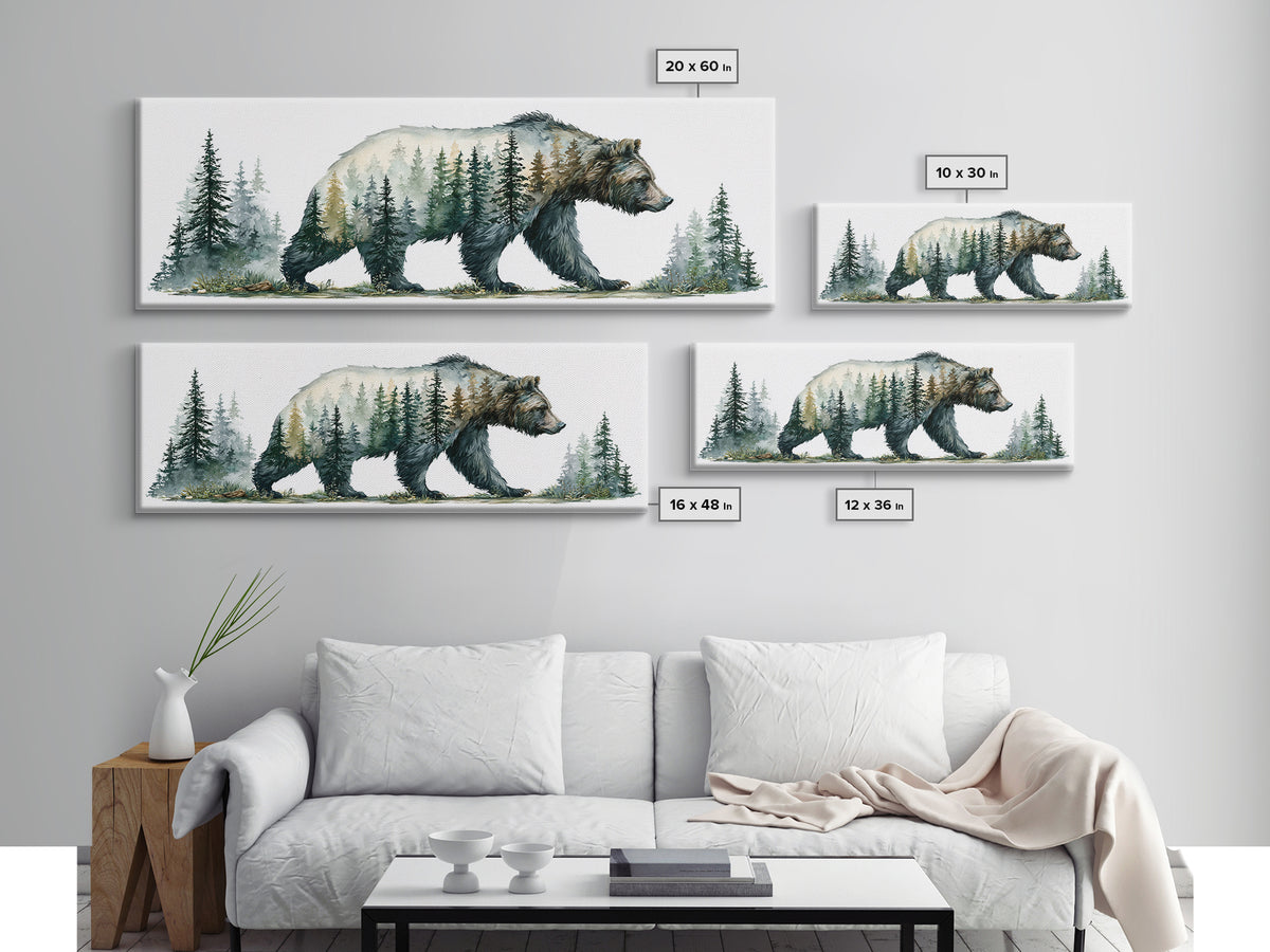Bear Silhouette Among Pine Trees Framed Canvas Print, Rustic Art, Statement Artwork, Farmhouse Decor, Fine Art, Rustic, RUS-3x1-23