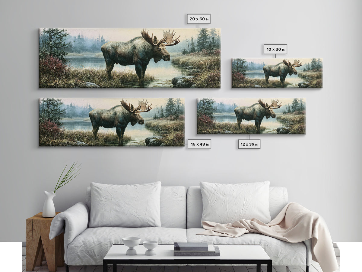 Moose Standing by a Quiet Lake Canvas Print, Rustic Art, Wood Art, Farmhouse Decor, Fine Art, Rustic, Wall Decor, Neutral Decor, RUS-3x1-25