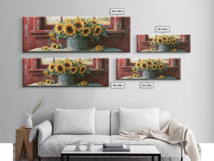 Sunflowers in a Metal Bucket Framed Canvas Print, Rustic Art, Downloadable Art, Farmhouse Decor, Watercolor Art, Rustic, RUS-3x1-28