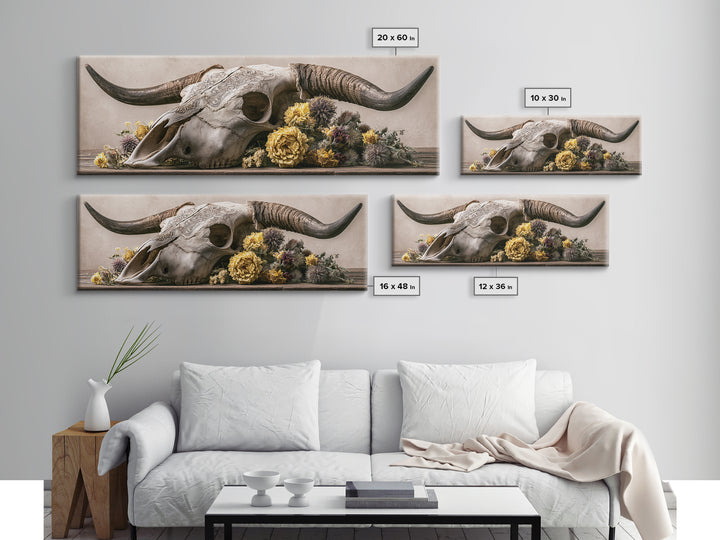 Cow Skull with Desert Flowers Canvas Print, Rustic Art, Boho Wall Art, Farmhouse Decor, Oil Painting, Rustic, Downloadable Art, RUS-3x1-33