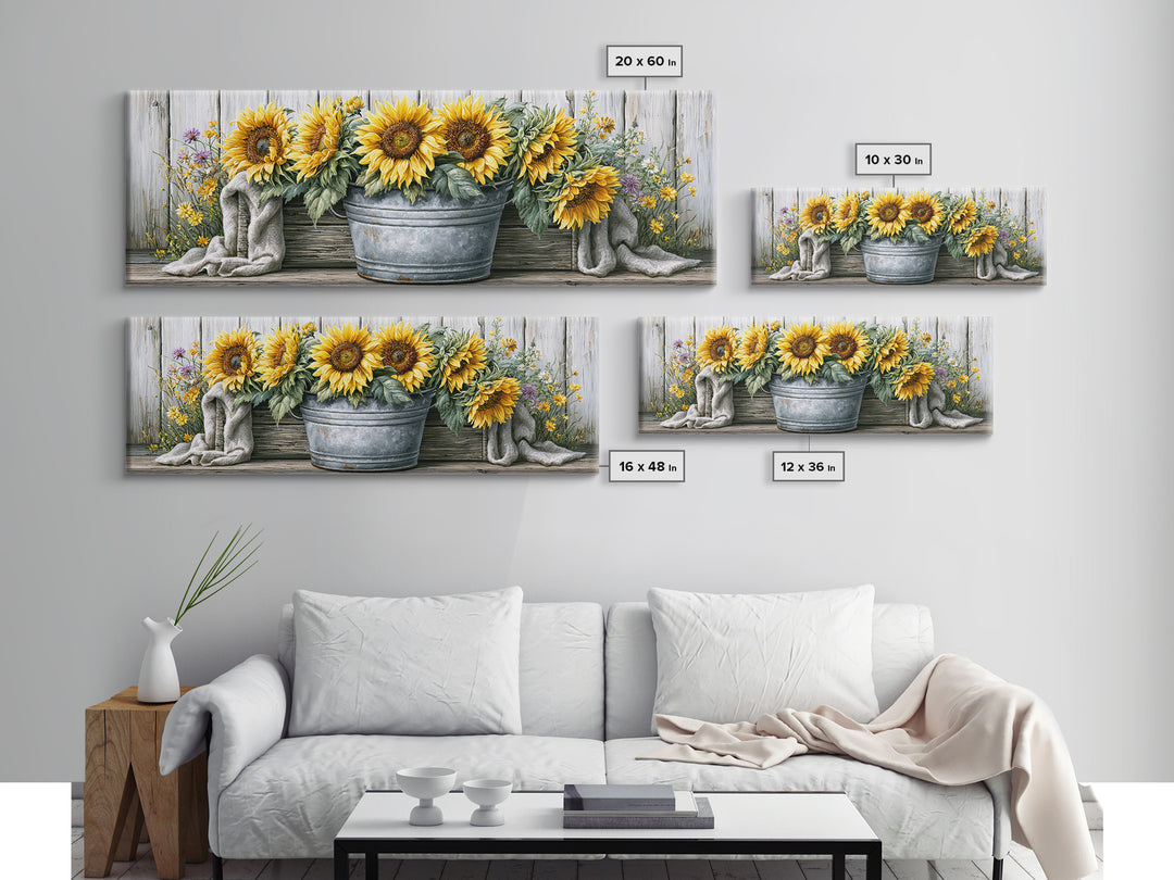 Sunflowers in a Metal Bucket Canvas Print, Rustic Art, Eclectic Wall Art, Farmhouse Decor, Watercolor Art, Rustic, RUS-3x1-4