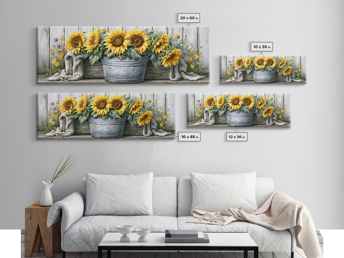 Sunflowers in a Metal Bucket Canvas Print, Rustic Art, Eclectic Wall Art, Farmhouse Decor, Watercolor Art, Rustic, RUS-3x1-4