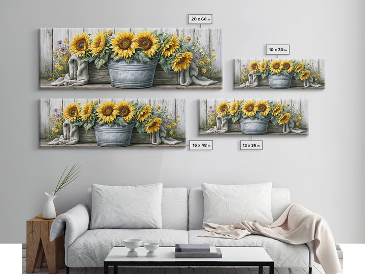 Sunflowers in a Metal Bucket Canvas Print, Rustic Art, Eclectic Wall Art, Farmhouse Decor, Watercolor Art, Rustic, RUS-3x1-4