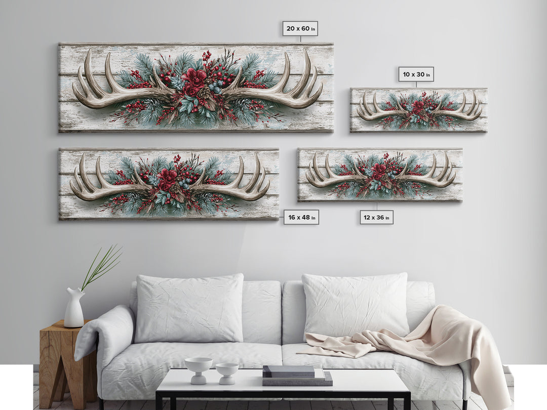 Deer Antlers with Pine Branches and Berries Canvas Print, Rustic Art, Abstract Wall Art, Farmhouse Decor, Watercolor Art, RUS-3x1-42