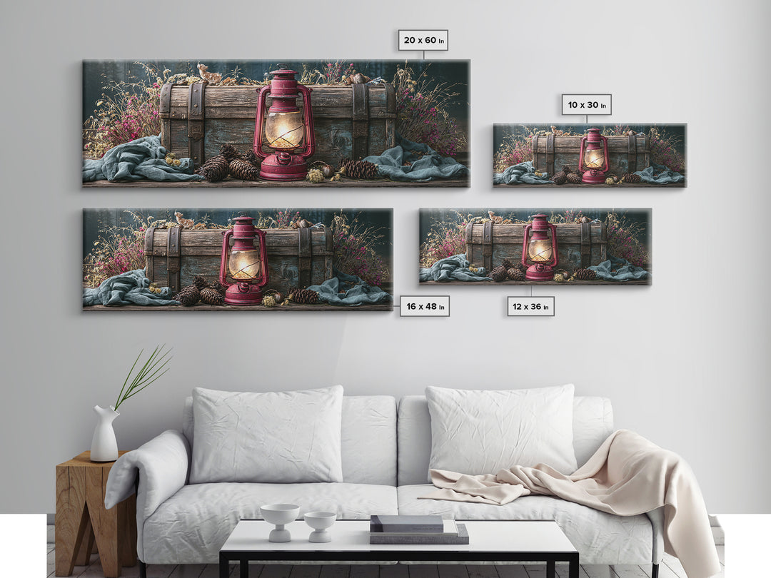 Rustic Lantern Glowing Beside Pinecones Framed Canvas Print, Rustic Art, Wall Decor, Farmhouse Decor, Fine Art, Rustic, RUS-3x1-44
