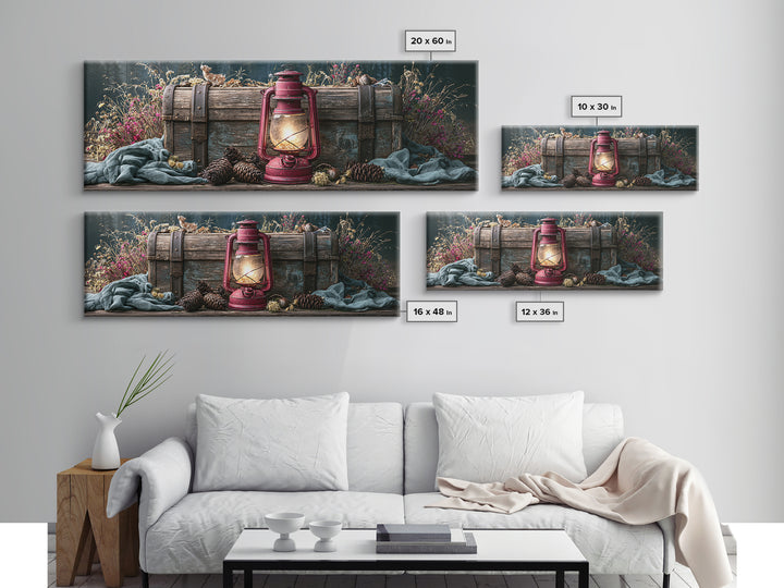 Rustic Lantern Glowing Beside Pinecones Framed Canvas Print, Rustic Art, Wall Decor, Farmhouse Decor, Fine Art, Rustic, RUS-3x1-44