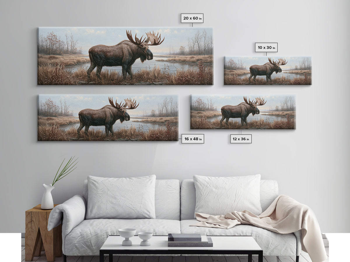 Moose Standing by a Quiet Lake Canvas Print, Rustic Art, Wood Art, Farmhouse Decor, Fine Art, Rustic, Wall Decor, Neutral Decor, RUS-3x1-49