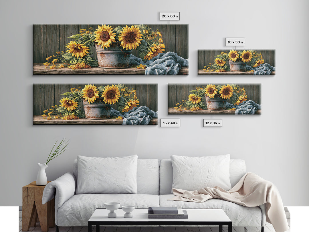 Sunflowers in a Metal Bucket Framed Canvas Print, Rustic Art, Room Decor, Farmhouse Decor, Fine Art, Rustic, Oil Painting, RUS-3x1-52