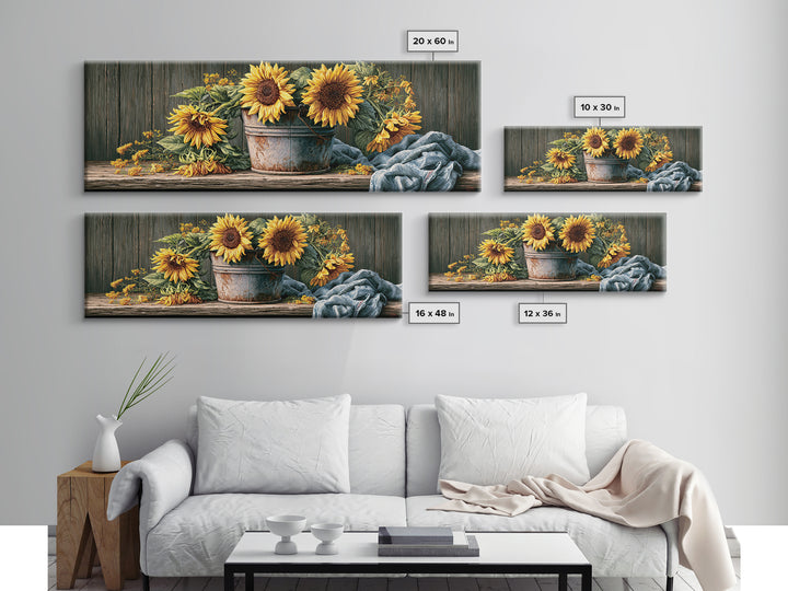 Sunflowers in a Metal Bucket Framed Canvas Print, Rustic Art, Room Decor, Farmhouse Decor, Fine Art, Rustic, Oil Painting, RUS-3x1-52